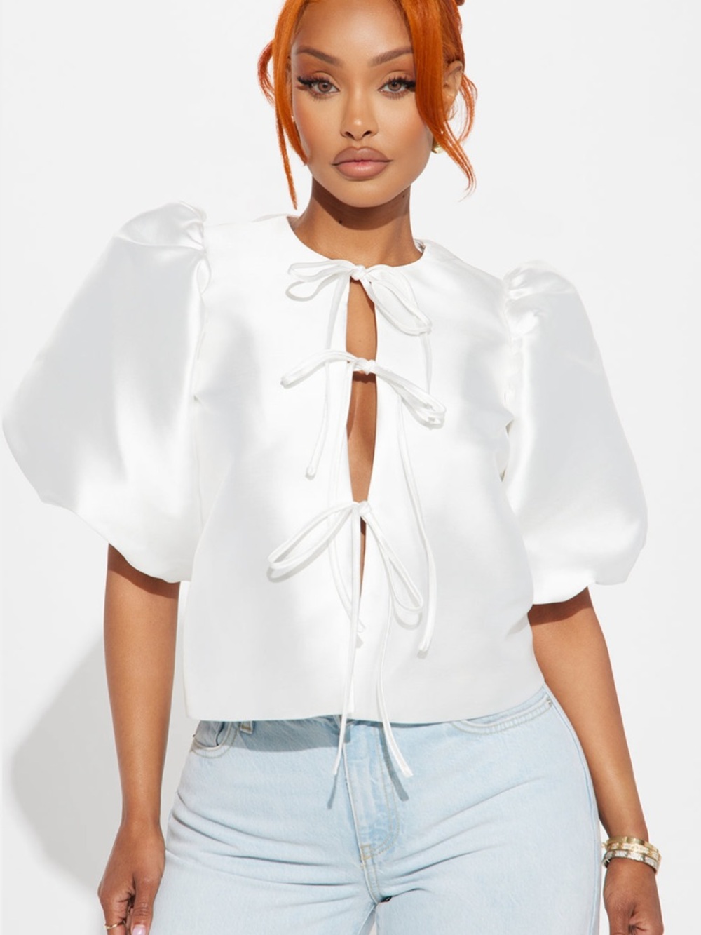 Tie Front Puff Sleeve Top - White